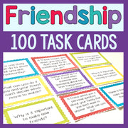 100 Friendship Task Cards with colorful text on a purple background