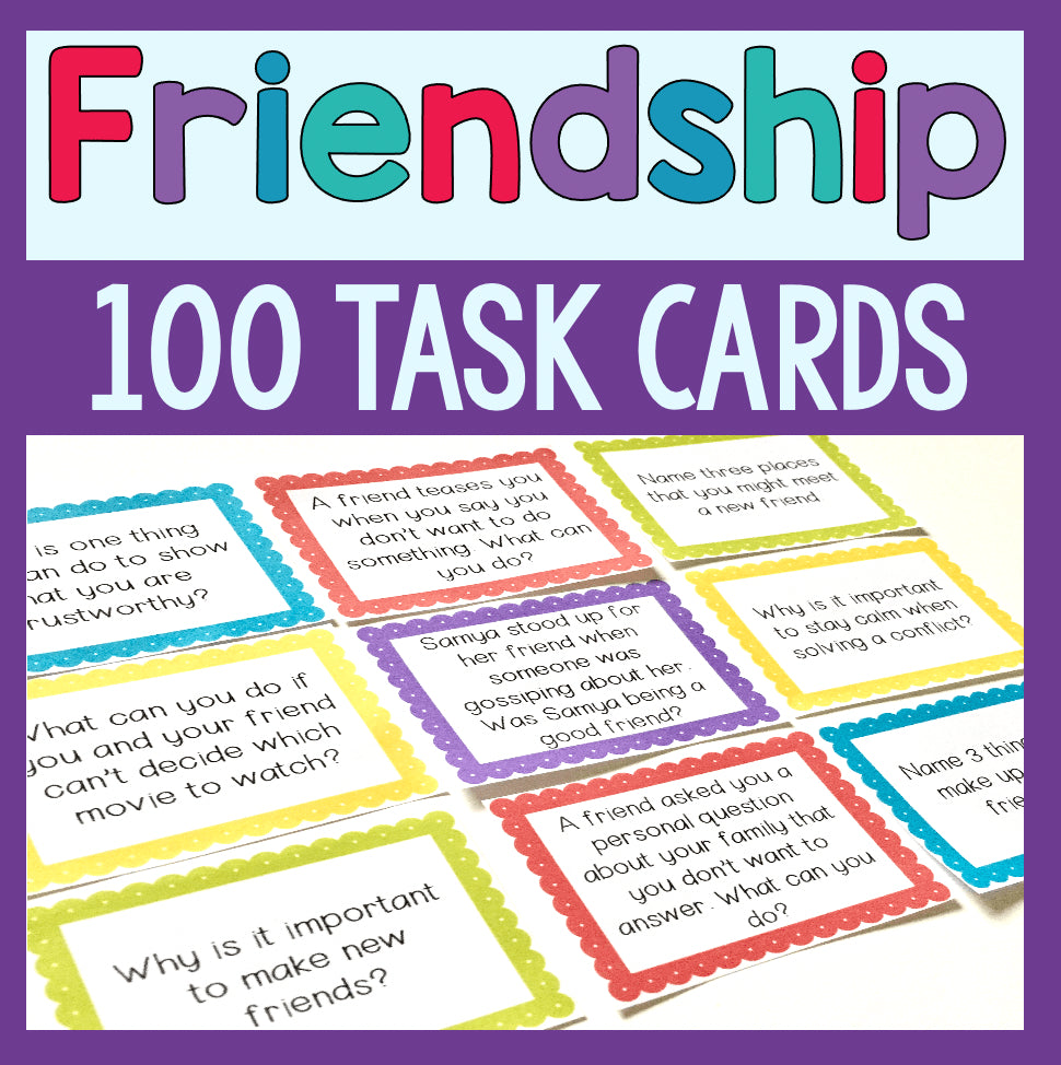 100 Friendship Task Cards with colorful text on a purple background