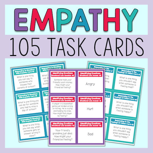 Empathy task cards with colorful text and question cards on a light purple background