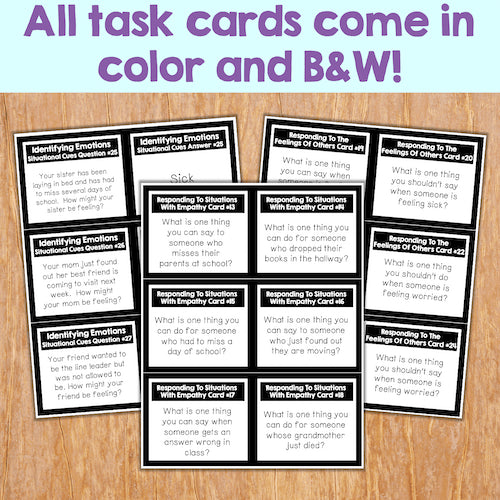 Set of task cards on a wooden surface with text indicating color and black & white options.
