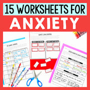 Promotional image for '15 Worksheets for Anxiety' with printed worksheets and stationery items on a red background.