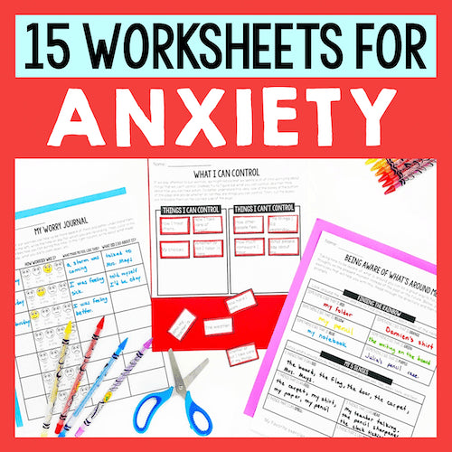 Promotional image for '15 Worksheets for Anxiety' with printed worksheets and stationery items on a red background.