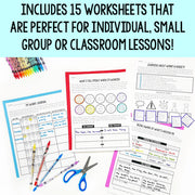 Educational worksheets with colorful crayons and scissors on a white background