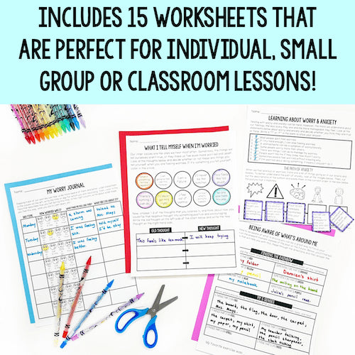 Educational worksheets with colorful crayons and scissors on a white background