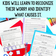 Educational materials on a blue background with text about recognizing worries.