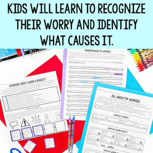 Educational materials on a blue background with text about recognizing worries.