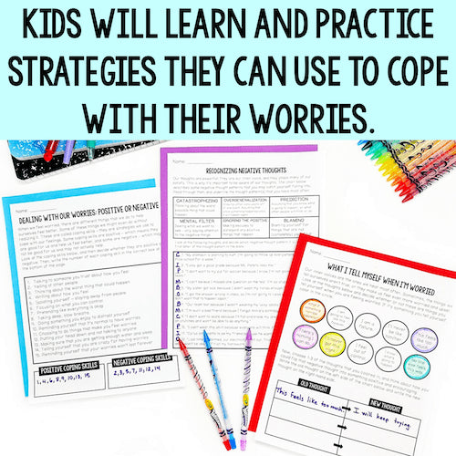 Educational materials on coping with worries with crayons and colorful borders.