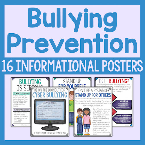 Bullying prevention informational posters with text and graphics on a blue background