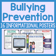 Bullying prevention informational posters with text and graphics on a blue background