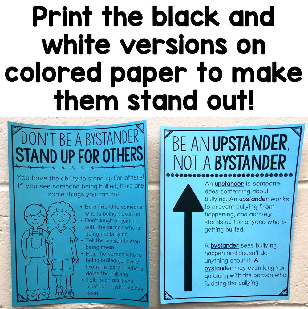 Two educational posters on a wooden surface with text about being an upstander or bystander.