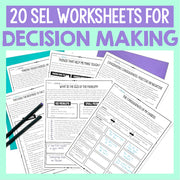 Set of decision-making worksheets with a pen on a light blue background