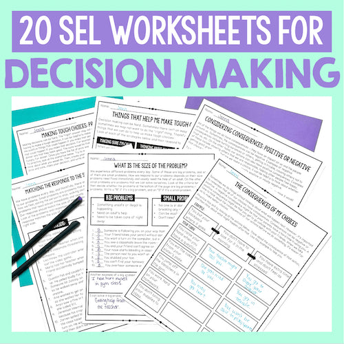 Set of decision-making worksheets with a pen on a light blue background