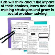 Educational materials with text about decision-making and problem-solving skills on a white background.