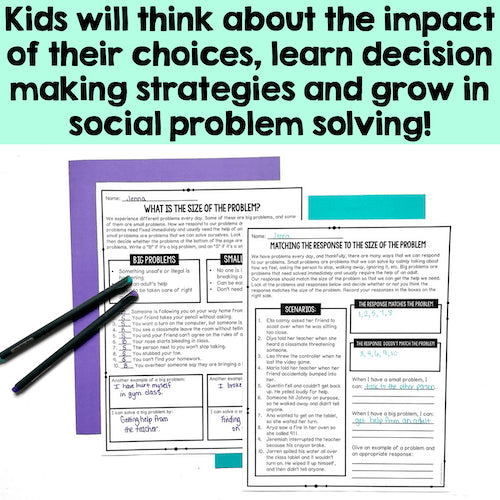 Educational materials with text about decision-making and problem-solving skills on a white background.