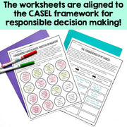 Educational worksheets on a white background with text about CASEL framework alignment.