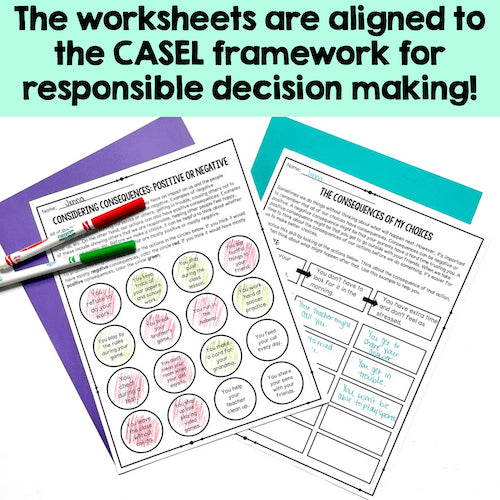 Educational worksheets on a white background with text about CASEL framework alignment.