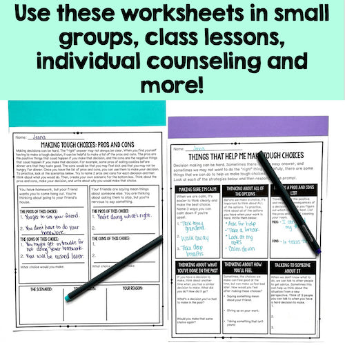 Two worksheets with a pen on a light blue background, text overlay about using worksheets in various settings.