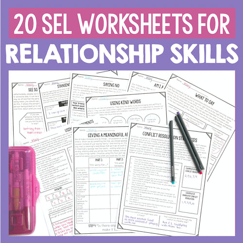 Collection of SEL worksheets for relationship skills on a purple background with a pink eraser and pens.