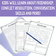 Educational worksheets on a purple background with text about learning friendship and conflict resolution skills.