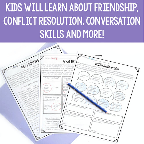 Educational worksheets on a purple background with text about learning friendship and conflict resolution skills.