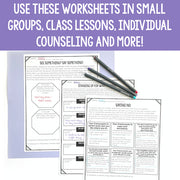 Worksheets on a white background with text overlay and pens.