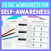  SEL worksheets for self-awareness with pencils on a blue background