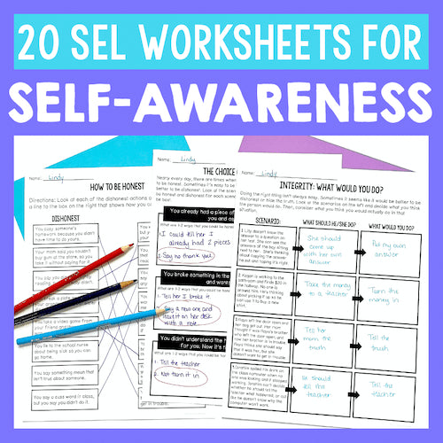  SEL worksheets for self-awareness with pencils on a blue background