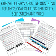 Educational worksheets on a white background with text about emotional intelligence development.
