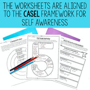 Educational worksheets aligned with CASEL framework for self-awareness on a white background with text overlay.