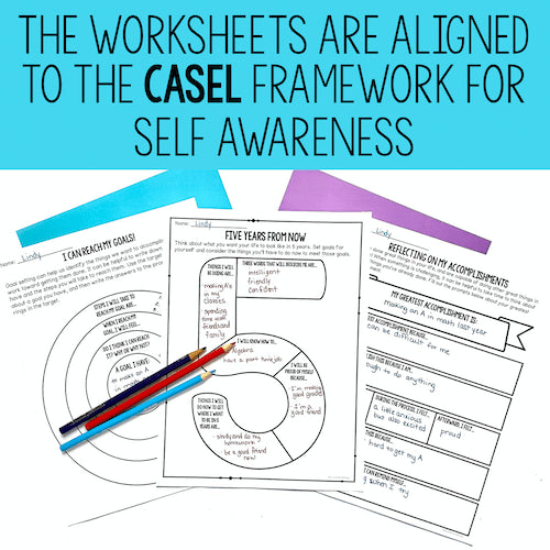 Educational worksheets aligned with CASEL framework for self-awareness on a white background with text overlay.