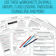 Educational worksheets with text overlay on a blue background