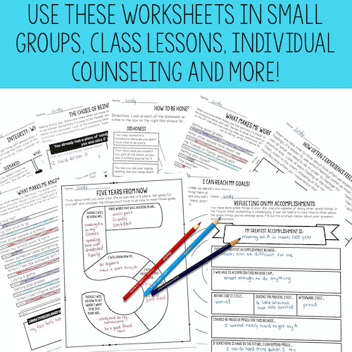 Educational worksheets with text overlay on a blue background