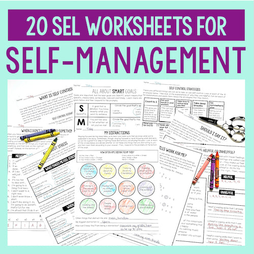 Collection of self-management worksheets with text overlay on a light blue background