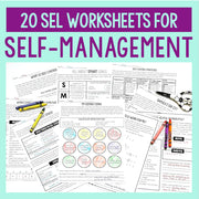 Collection of self-management worksheets with text overlay on a light blue background
