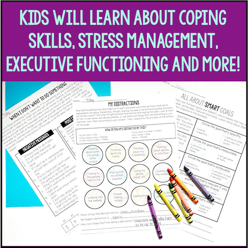 Educational materials for kids with text about coping skills and stress management, featuring crayons on a white background.