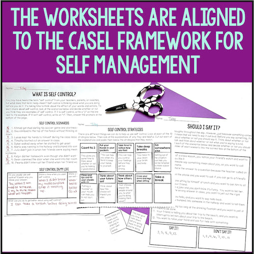 Educational worksheet on self-control strategies with a purple header and scissors graphic.