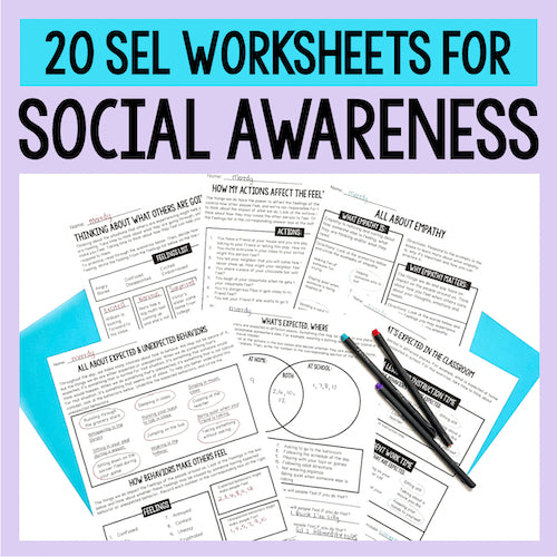 Collection of SEL worksheets for social awareness with a blue border and text overlay.
