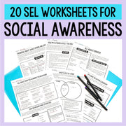 Collection of SEL worksheets for social awareness with a blue border and text overlay.