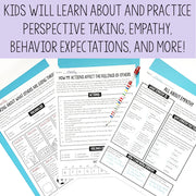 Educational worksheets on a blue background with text about learning and practicing perspective taking, empathy, and behavior expectations.