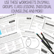 Educational worksheets on a white background with text overlay
