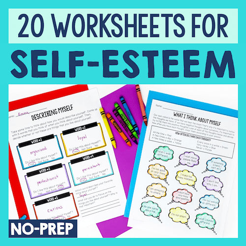 Promotional image of self-esteem worksheets with crayons on a blue background