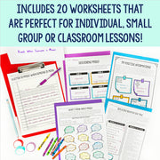 Educational worksheets on a blue background with text about their use in lessons.