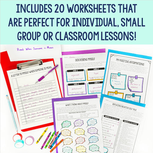 Educational worksheets on a blue background with text about their use in lessons.