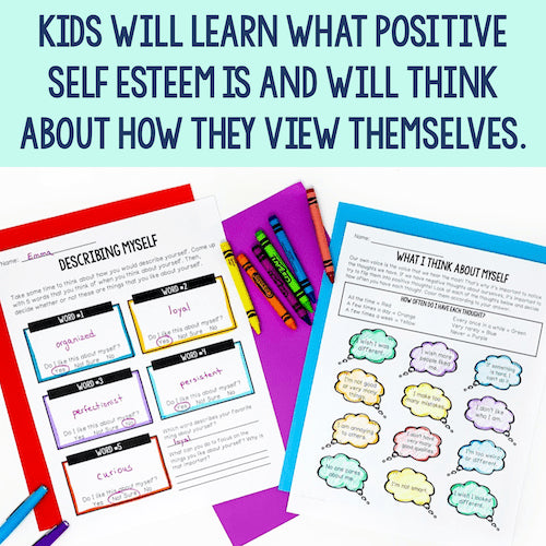 Educational materials on self-esteem with colorful crayons and paper.