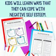 Educational materials on coping with negative self-esteem with colorful crayons and pens.