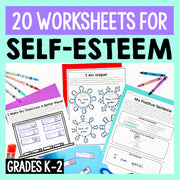 Promotional image of self-esteem worksheets for grades K-2 with colorful crayons and stationery on a light blue background.