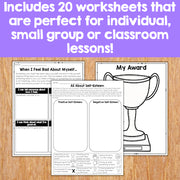 Two worksheets on a wooden surface with text about 20 included worksheets.