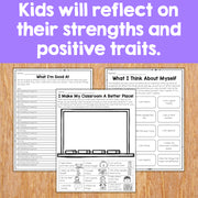 Educational worksheets on a wooden surface with text about self-reflection.