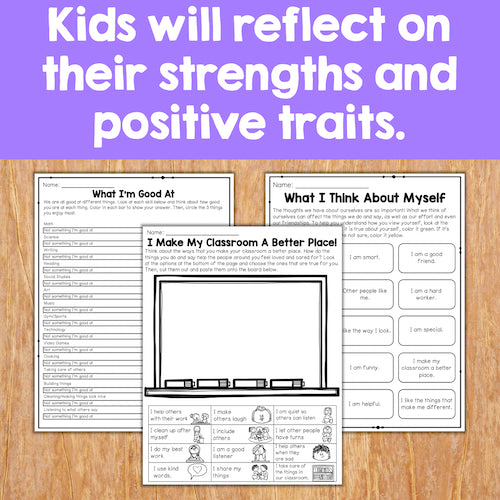 Educational worksheets on a wooden surface with text about self-reflection.
