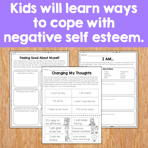 Educational worksheets on a wooden surface with text about coping with negative self-esteem.